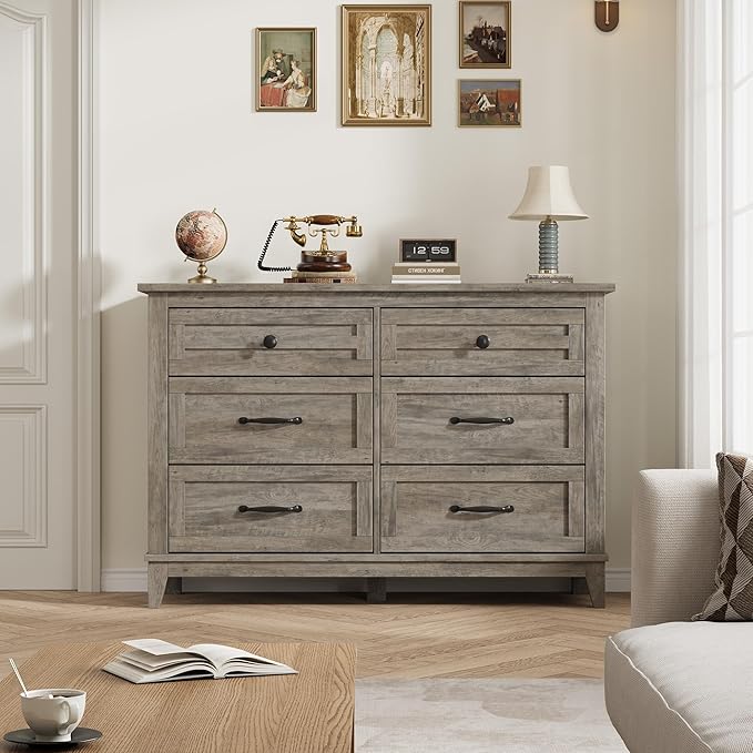 GarveeHome 6 Dresser for Bedroom, 47 in Wide Drawer Dresser with Storage Freestanding, Wooden Closet Storage Chest for Living Room, Bedroom, Entryway, Grey