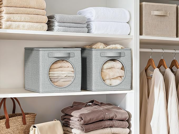 Vailando Foldable Fabric Storage Cube with Round Window - 4 Pack 11"x11"x11" Collapsible Closet Organizer Bins for Clothes, Shelves, Offices, Toys & Misc, Light Gray