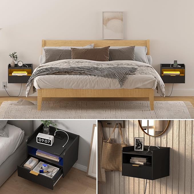 White Floating Nightstand with Charging Station and LED Lights (Black)