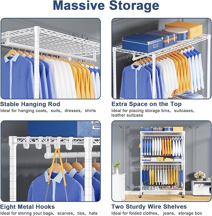 P8 Heavy Duty Clothes Rack（With Extended Width Design） Rolling Clothing Racks for Hanging Clothes，Portable Garment Rack with Lockable Wheels，51.2" W x 15.8" D x 80.5" H，Max Load 700LBS，White