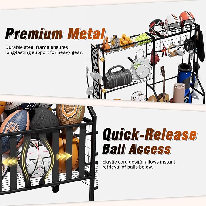 Sports Equipment Organizer, Heavy Duty Golf Bags Stand, Extra Large Ball Storage Rack for Garage
