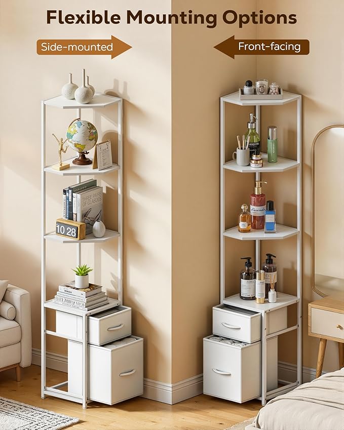 Housolution Corner Shelf Stand with Storage, 63.8'' Tall 6-Tier Corner Bookshelf Includes 2 Fabric Drawers, Freestanding Corners Storage Shelf for Living Room Bedroom Kitchen Bathroom (White)