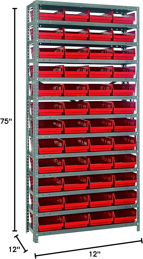 Quantum Storage Systems 1275-107RD Steel Shelving Unit with 4" Shelf Bins, 12" D x 36" W x 75" H, Red