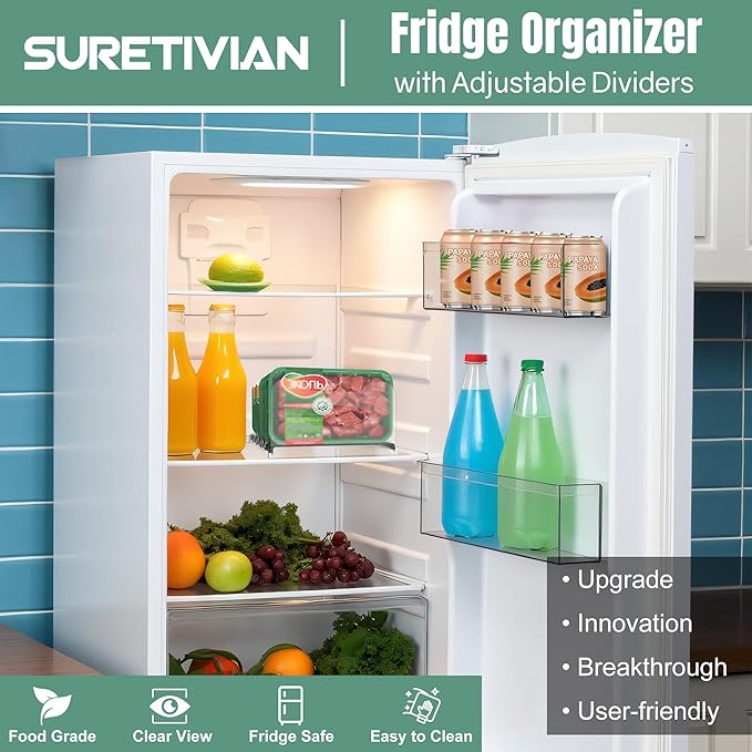 Freezer Organizer 12” Visible Fridge Organizer Rack with Removable Dividers and Handles, Freely Adjustable, Fits Refrigerator Frozen Meals, Lunch Meat Box, Cheeses (Black)