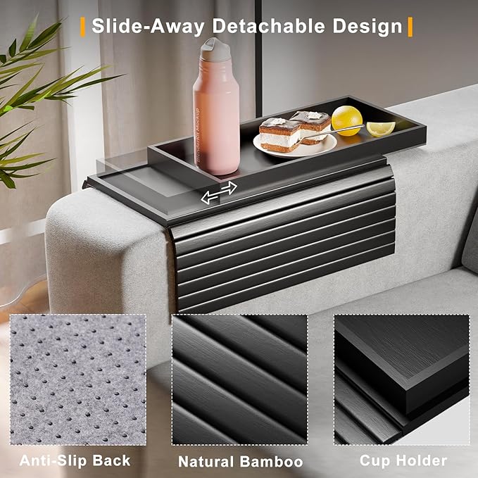 Sofa Arm Rest Tray Table for Couch - 2-in-1 Couch Arm Table with Be Slide Detachable Tray - Anti-Slip Foldable Sofa Armchair Caddy for Drinks Cup Cellphone TV Remote Snacks (Black)