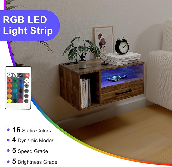 Homaterial Floating Nightstand with Charging Station and LED Lights, Floating Bedside Table with Drawers Wall Mounted Nightstands,for Bedroom Room, 21.3" x 11.8" x 10",Rustic Brown