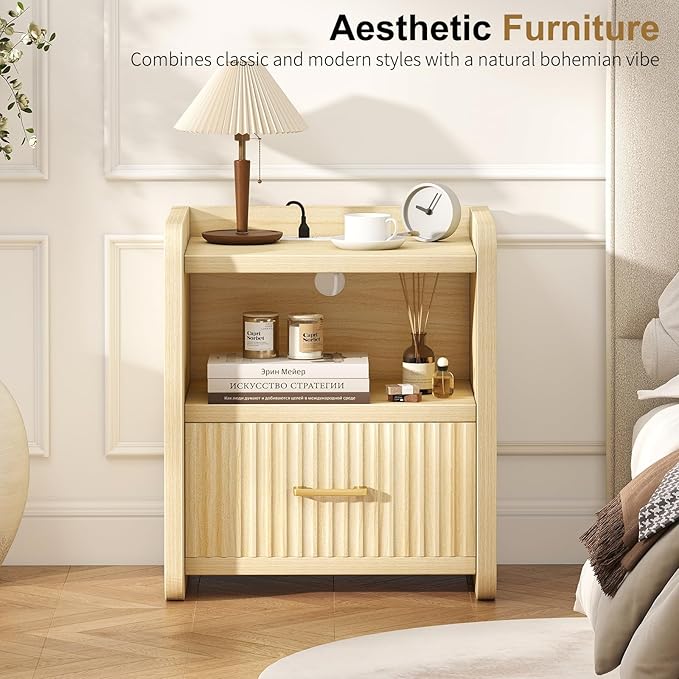 Night Stand with Charger Station, Fluted Wood Nightstand with Drawer Storage, Modern Bedside Table, Wide Nightstands for Bedroom, Mid Century Wooden Night Stands for Home Office Sofa Couch