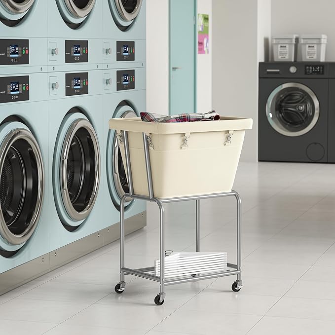 ELYKEN Laundry Cart with Wheels, Rolling Laundry Hamper with Removable Bag and Shelf, Metal Frame Laundry Basket with 4 Casters and 2 Brakes, Ideal for Bedroom, Bathroom, Laundry Room, Cream