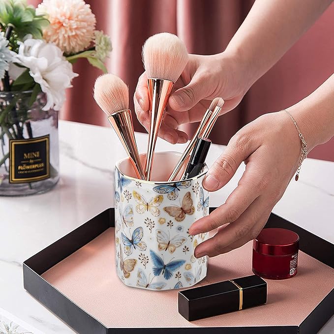 Jwest Pen Holder, Ceramic Shiny Gold Graphic Butterfly Pattern Pencil Cup for Girls Kids Women Durable Stand Desk Organizer Makeup Brush Holder Gift for Office, Classroom, Home Butterfly