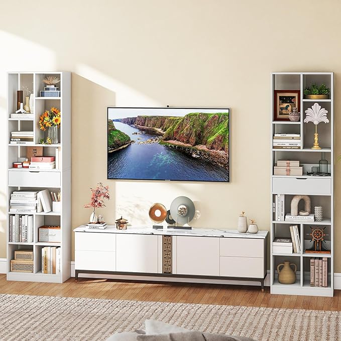 Tangkula 71” Tall Bookcase with Drawer, Modern Bookshelf with 10 Open Cubes, Floor Standing Display Rack Storage Cabinet with Anti-Tipping Kits for Living Room, Study, Office (1, White)