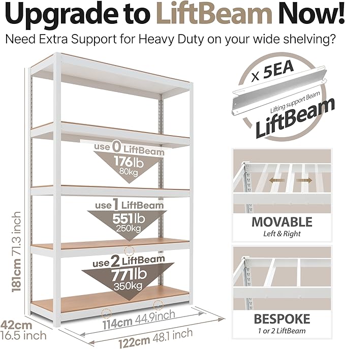 HOMEDANT House Lift-Beam White 48" Wide Boltless Heavy Duty Garage Storage Shelving Adjustable 5-Tier Metal Shelves Laminated Organization Shelf Industrial Utility Rack Pantry Shed Office Store 10Pack