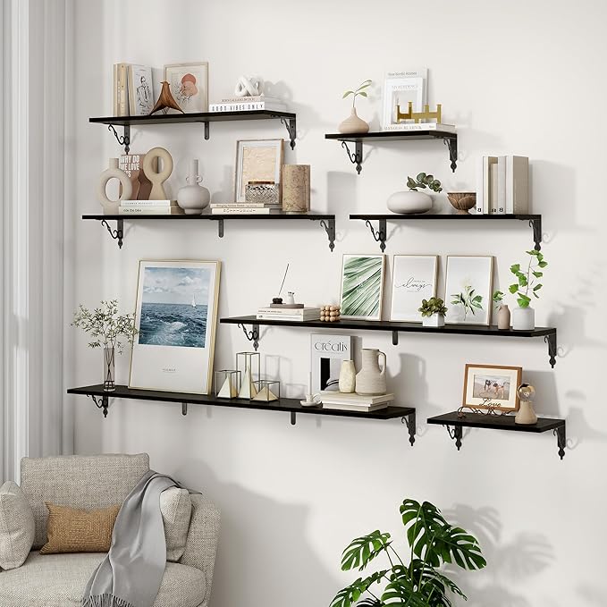 Floating Shelves for Wall, 24"W x 8"D Wall Shelves, 8 Inch Deep Floating Shelf with Bracket, 24 Inch Floating Shelves for Living Room and Bathroom, Display & Storage Shelves, Black, Set of 2