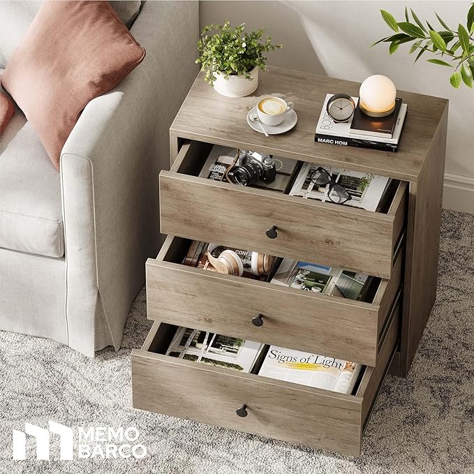 Nightstand, Bedside Tables, Farmhouse Wood Night Stand with 3 Storage Drawers, Small Wooden Dresser Chest of Drawers Bedside Cabinet for Bedroom Small Spaces, Gray