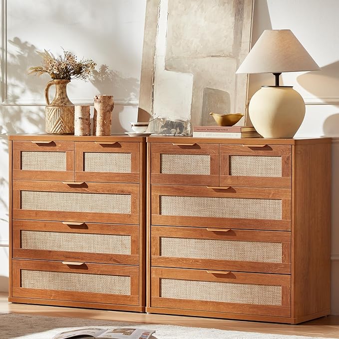 LEYAOYAO Rattan Dresser for Bedroom Set of 2, 33.5" Tall Chest of Drawers, Modern 5 Drawers Boho Dressers with Storage, Vintage Brown Dresser Wooden Closet Organizer for Living Room, Hallway