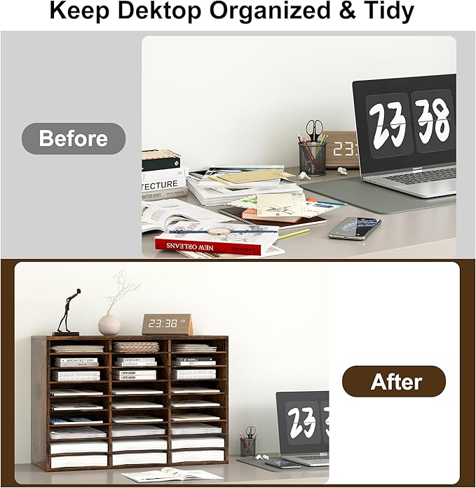 Literature Organizer 27 Slots Wooden Mailboxes for Classroom Office Mail Organizer Countertop Vertical File Sorter with Adjustable Shelves Heavy Duty Office Mailbox Cubbies, Rustic Brown
