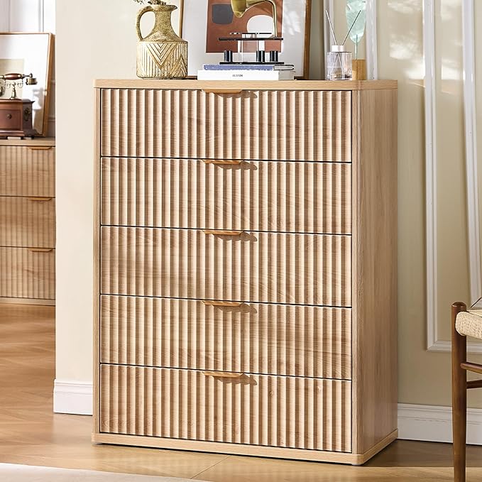 LEYAOYAO Fluted 5 Drawers Dresser for Bedroom Set of 2, 41" Tall Modern Chest of Drawers with Metal Handle, Curved Profile Design,Natural Wood Drawer Organizer for Bedroom, Living Room, Hallway