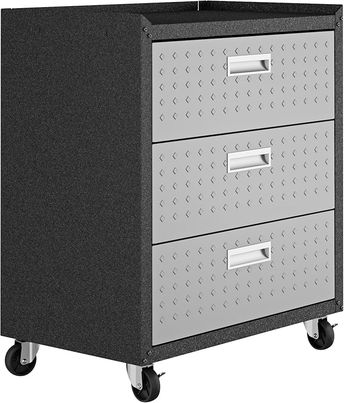 Manhattan Comfort Fortress Collection Convenient Durable Mobile Garage Chest Great for Tools and Supplies, Dark Charcoal Gray/Silver