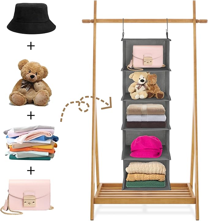 Libeder 5-Shelf Hanging Organizer with Drawers, Closet Hanging Organizers and Storage Shelves with 6 Side Pockets,Collapsible Closet Hanging Shelves for Clothes, Underwear, Nursery, Closet, RV(Grey)