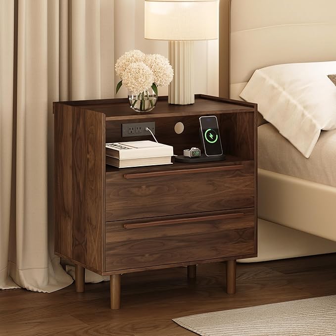 Mid-Century Modern Nightstands Set of 2 with Charging Station, 26" Tall Wood Bedside Tables with Tray Top, USB & Type-C Ports, 2 Drawers and Open Shelf for Bedroom or Living Room, Walnut