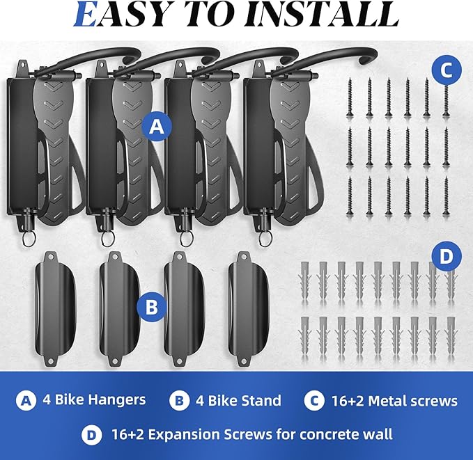 Goovilla Swivel Bike Wall Mount 4 Pack, Space Saving Bike Hangers for Garage with Screw and Easy Installation, Metal Vertical Bike Rack Wall Mount Holds up to 66.2lbs with No-scratch Protection, Black