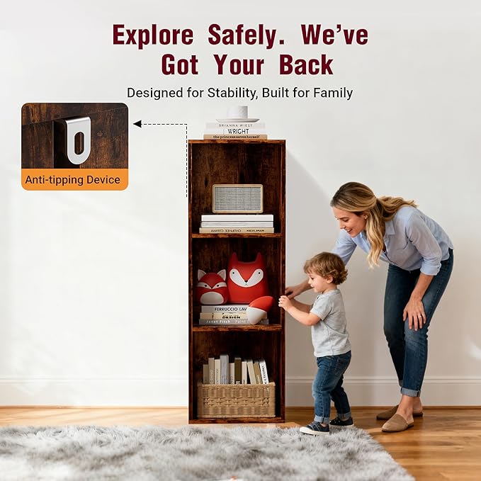 Book Shelf, Wooden Cube Storage Organizer with 11" Open Cubes, Stackable Bookcase for Room Divider Storage, 3 Tier Bookshelf for Living Room, Bedroom, Office (Indonesian Antique Oak, 3-Cube)