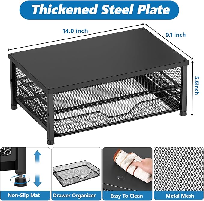 OPNICE Computer Monitor Stand Riser, Desk Organizers and Accessories with Drawer, Laptop Stand, Office Desk Accessories & Workspace Desktop Organizers Storage for Office Supplies(Black 2-Pack)