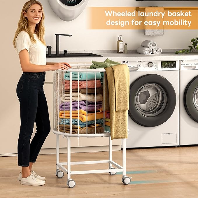 29-Gallon(110 L) Laundry Cart with Wheels,Rolling Round Metal Laundry Basket Cart with Elastic Cord,2 Locking Wheels-White