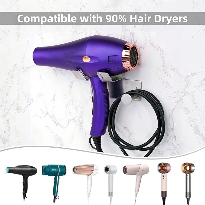 Hair Dryer Holder Stainless Steel, Blow Dryer Holder Self Adhesive, Dyson Hair Dryer Holder Wall Mounted Compatible with Dyson, Hairdryer Holder for Bathroom Silver PTALSEAW