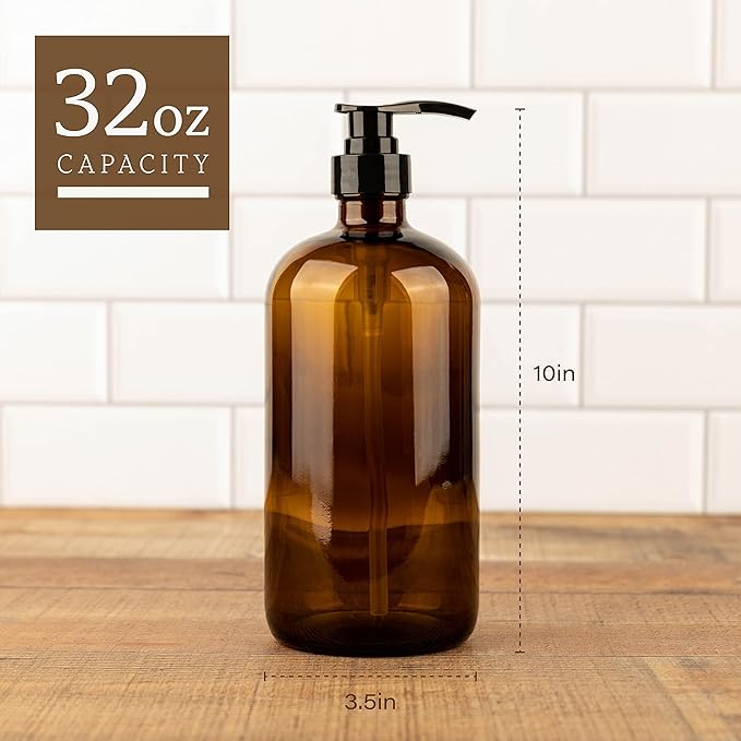32 Ounce Glass Pump Dispenser Bottle, Large Amber Container with Pump for Shower and Bath Shampoo Soap Conditioner Lotion - 1 Liter Shower Bottles- by Kitchentoolz