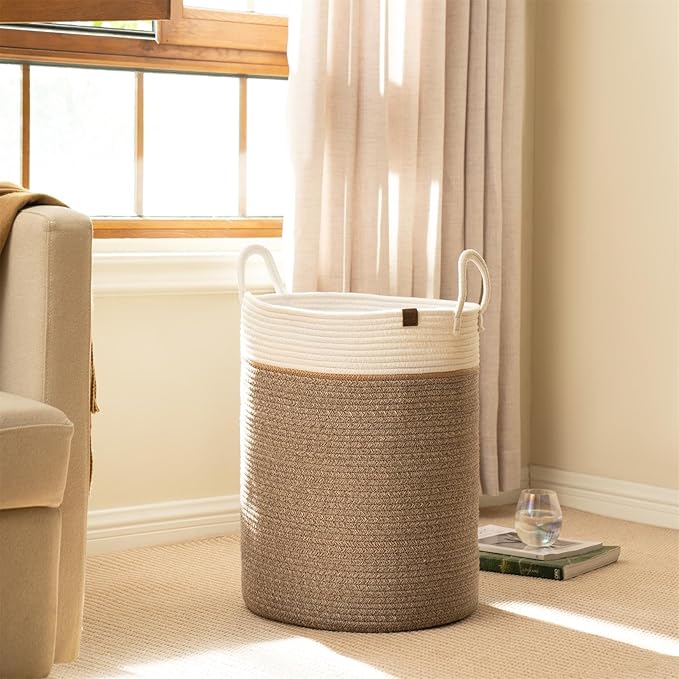 LA JOLIE MUSE Woven Basket Rope Storage Baskets - Large Cotton Organizer, Basket for Baby Blanket, Kids Toy Nursery Laundry Basket Mocha L