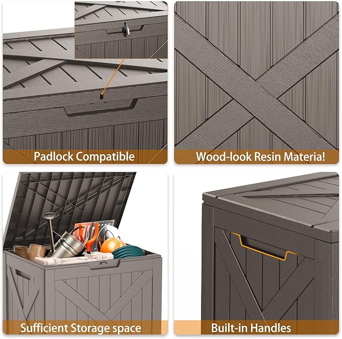 32 Gallon Outdoor Deck Box,Storage Lockable Waterproof Patio Furniture,Garden Tools,Cushions,Pool Accessories Outside Storage Resin Box(Grey)