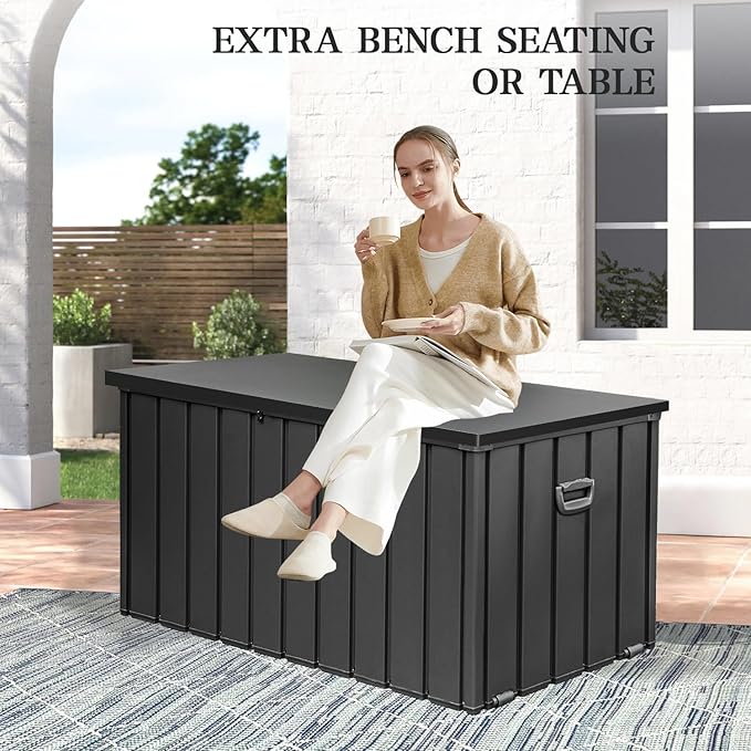 Domi 200 Gallon Deck Box, Metal Outdoor Storage Box with Lock Wheels Side Handles, Waterproof Outside Storage Box for Patio Cushions, Shoes & Pool Tools