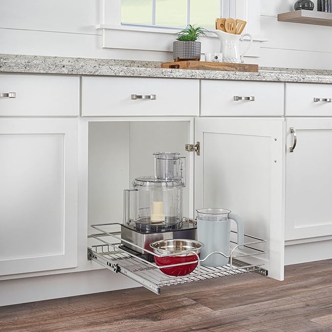 Rev-A-Shelf Kitchen Cabinet Wire Pullout Shelf and Drawer Organizer Pantry Storage with Basket and Mounting Hardware, 15 x 22 In, 5WB1-1522CR-1
