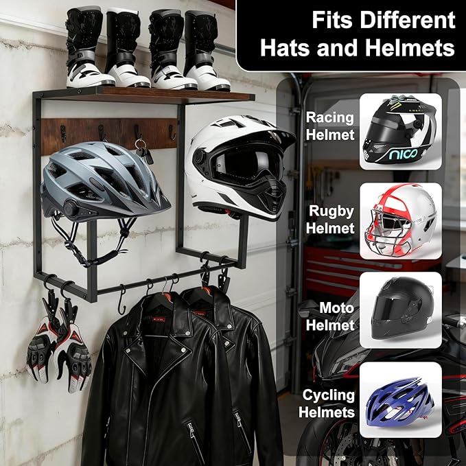 Motorcycle Helmet Wall Mount Rack, Heavy-Duty Helmet Holder with Storage Shelf for Moto Gear Accessories Organization, 2 Helmet Stands, 4 Clips, 9 Hooks for Hanging Gloves, Keys, Jackets