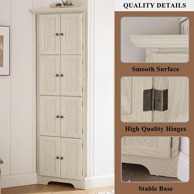 72" H Farmhouse Corner Storage Cabinet with 8 Doors & 4 Shelves, 4 Tier Kitchen Corner Pantry Cabinet Wooden Organizer Case Bookshelf, Home Space Saver Cabinet for Kitchen,Living Room(White)