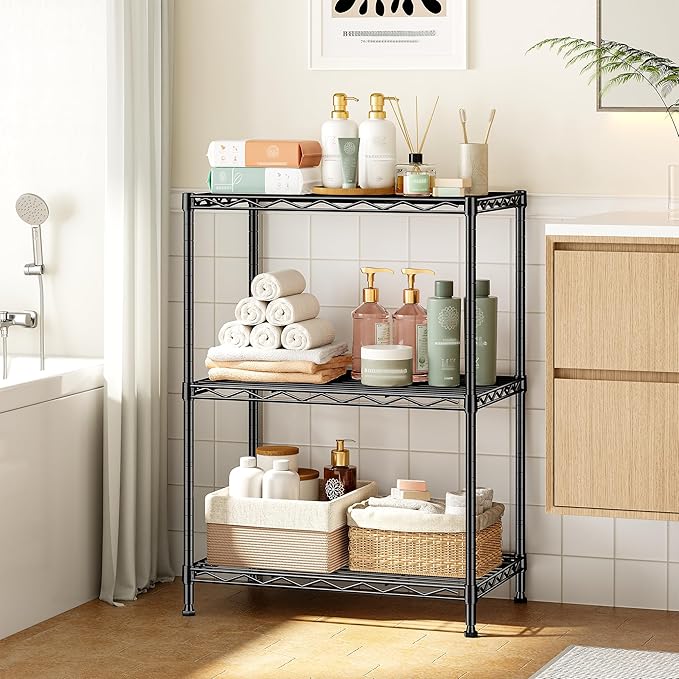35.4''H Shelf 3 Tier Storage Shelves Metal Shelving,Adjustable Small Wire Shelving Unit,Utility Steel Shelving Organizer Storage Rack for Kitchen Bedroom Laundry Pantry Office,17.7''Wx11.8''D,Black