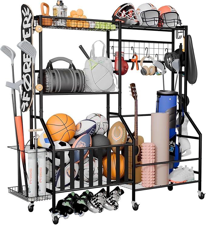 Sports Equipment Organizer, Heavy Duty Golf Bags Stand, Extra Large Ball Storage Rack for Garage
