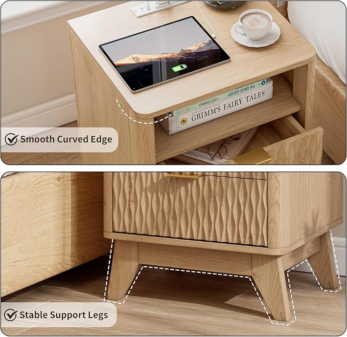 Fluted Nightstand with Charging Station, 18" Modern End Table with Storage Drawers, Bedside Table for Bedroom, Natural Oak(1 Piece)