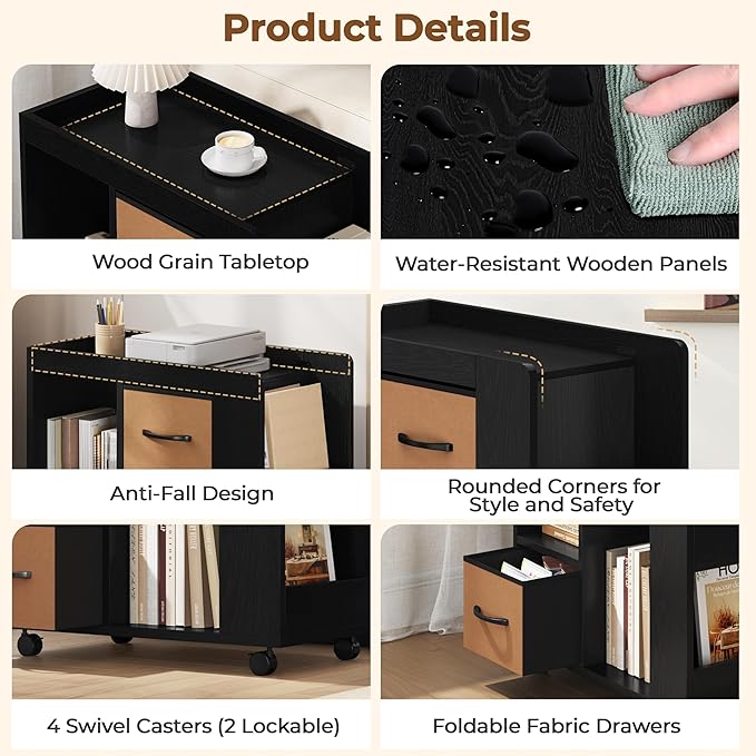 Yaheetech Narrow Side Table with Storage, Wooden Rolling Nightstand Bedside Table with Wheels, Magazine Racks and Open Shelves, End Table with Drawers for Living Room Bedroom, Black