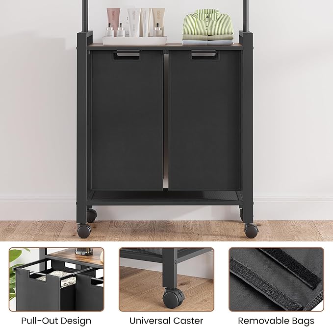 Laundry Sorter 2 Section Laundry Hamper Sorter with Clothes Hanging Rod and Wooden Storage Shelf 2 X 13gal Laundry Basket Organizer for Laundry Room Organization Storage Baskets, Black