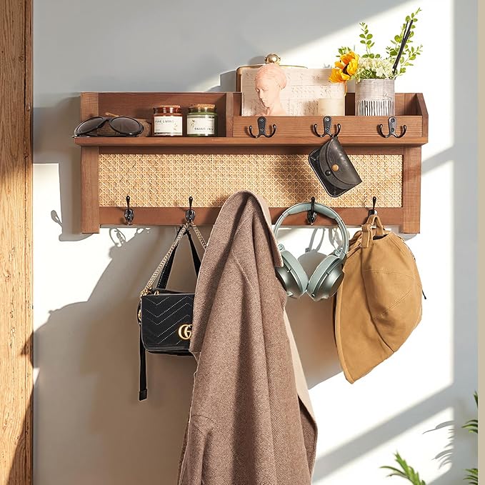 Coat Rack Wall Mount with Hooks & Shelf - Wooden Entryway Organizer for Hanging Coats, Keys, Hangers - Space Saving Durable Wood Holder for Hallway, Bedroom, Office-The Rattan Model