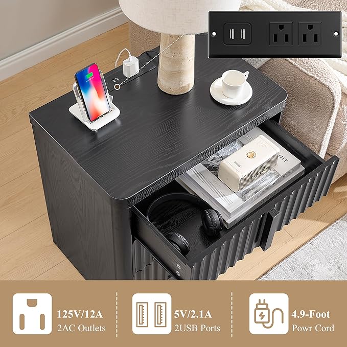 Black 23.6" Nightstand with Charging Station, Side Table with 3 Storage Drawers, Mid Century Modern Night Stand with Solid Wood Handle, Bedside End Table for Bedroom, Living Room, Closet