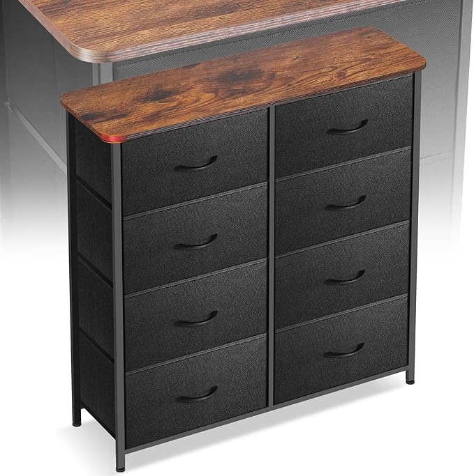 Curved Profile Dresser for Bedroom, Chest of Drawers, 8 Storage Drawers Organizer Unit, Brown Dresser with Fabric Bins for Closet, Living Room, Kid Room (Black and Rustic Brown)