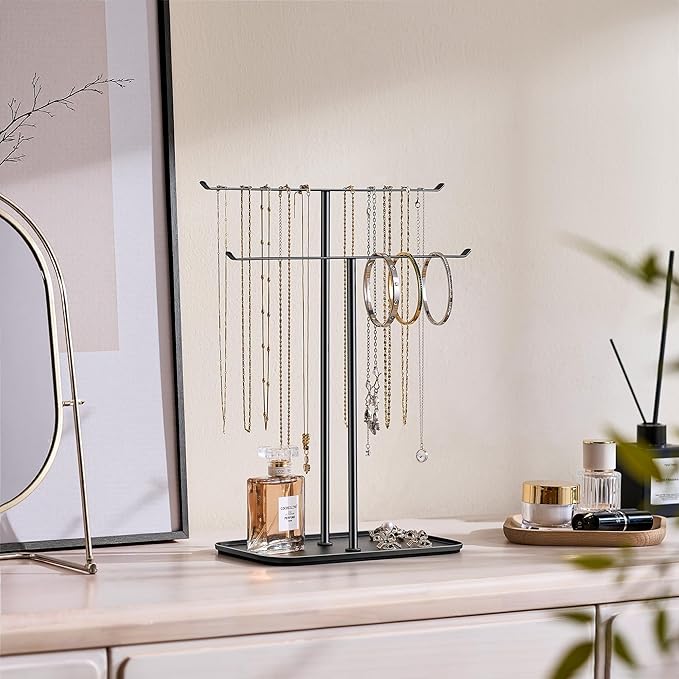 pickpiff Necklace Holder Jewelry Organizer Stand – 2‑Tier T‑Bar Jewelry Display Tree with Tray for Countertop Necklace Bracelet Earring Storage, Vanity Dresser Bathroom Sink, Black