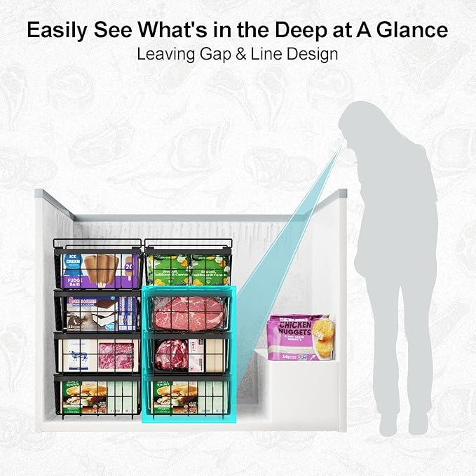 iSPECLE Chest Freezer Organizer Bins - Fit 10 to 20 Cu.FT Deep Freezer, 6 Pack Large Expandable Stackable Bins Sort Frozen Food Easy to Get Food from Bottom without Digging, Better Ventilation, Black