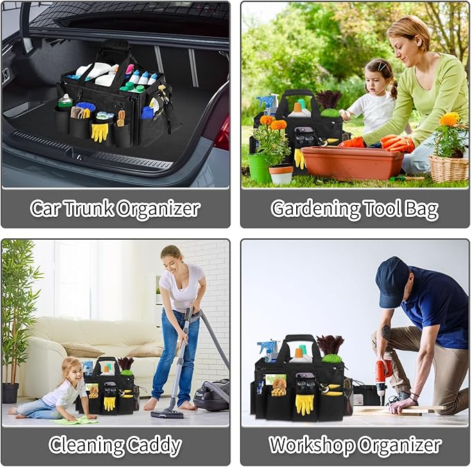 Boczif Cleaning Caddy Bag Wearable, Cleaning Caddy Supplies Organizer with Handle, Shoulder Straps & Detachable Divide, Cleaning Tool Organizers Tote Bag for Cleaners & Housekeepers（Black）