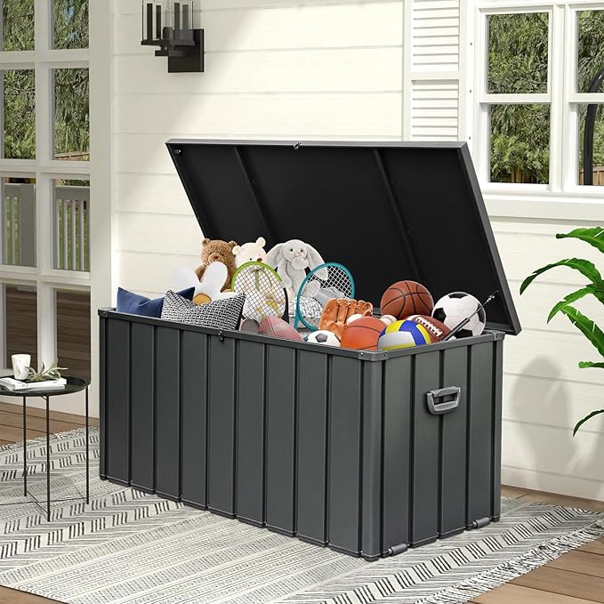 Domi 120 Gallon Deck Box, Metal Outdoor Storage Box with Lock Wheels Side Handles, Waterproof Outside Storage Box for Patio Cushions, Shoes & Pool Tools