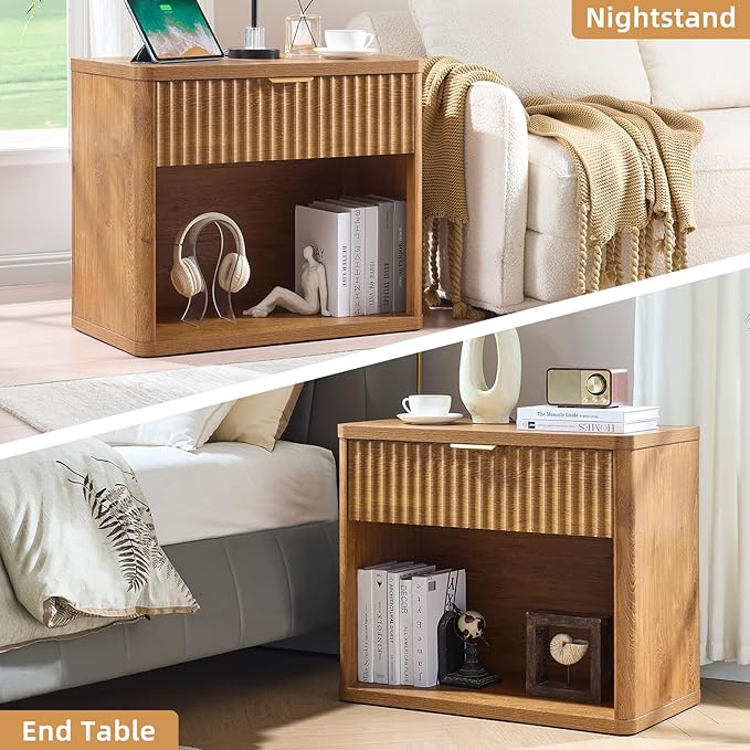 LEYAOYAO 31" Wide Fluted Nightstand with Charging Station, Oversized Extra Large 1 Drawer Night Stand with Golden Handle, Brown Wood Bedside Table Tall End Tables,for Bedroom, Living Room, Hallway