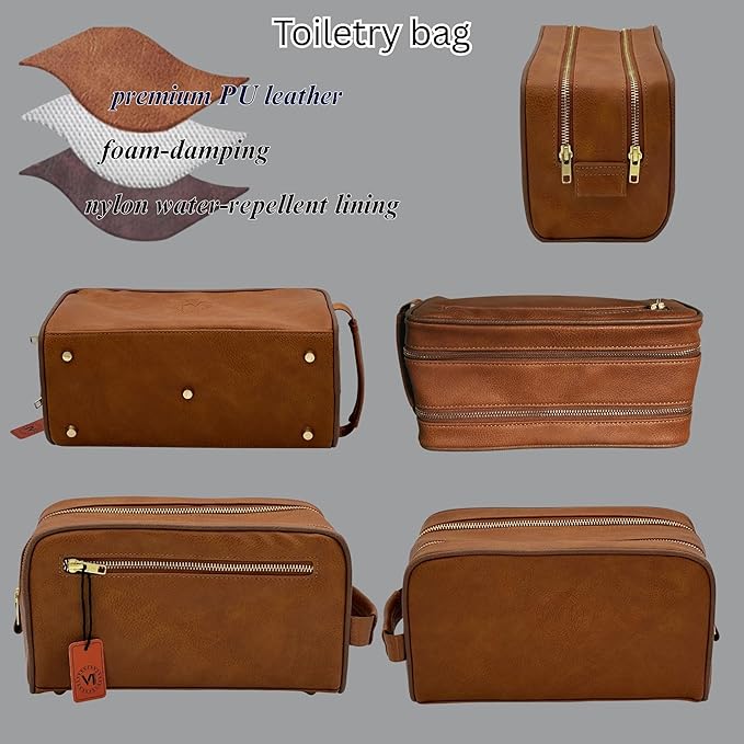Dopp Gift Large Travel Toiletry Bag Premium Quality PU Leather Two compartments YKK Zippers Water-resistant Bottom Studs Mesh Pockets Durable Cosmetic Organizer CARAMEL LIGHT BROWN