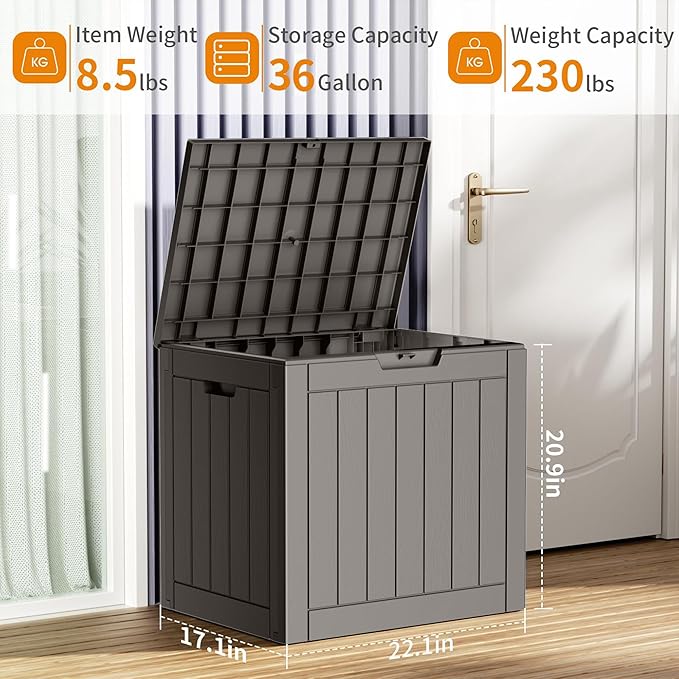 36 Gallon Outdoor Deck Box,Storage Lockable Waterproof Patio Furniture,Garden Tools,Cushions,Pool Accessories Outside Storage Resin Box(Grey)